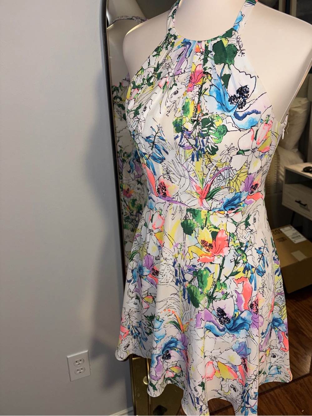 Express Women’s Floral Halter Summer Dress in White with Multicolor Print